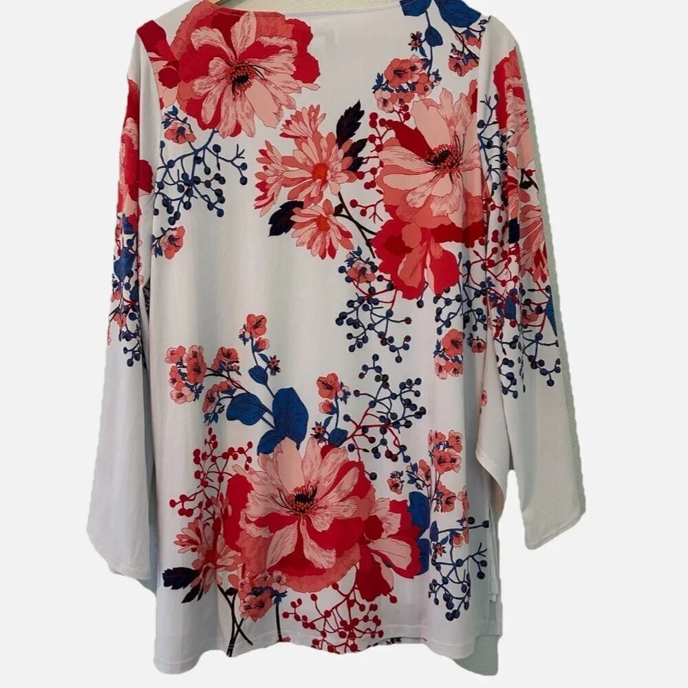 Women's Medium Floral Soft Flowy Stretch Rhinestone Relaxed Work Casual Blouse - Picture 4 of 4